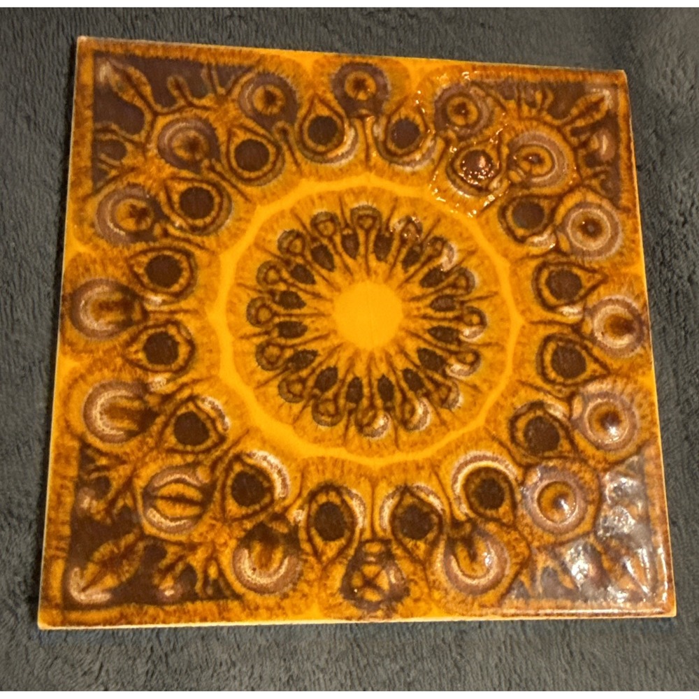 Wessel Tile Art Tile MCM Made in Germany Orange Brown Starburst 6x6 Vintage